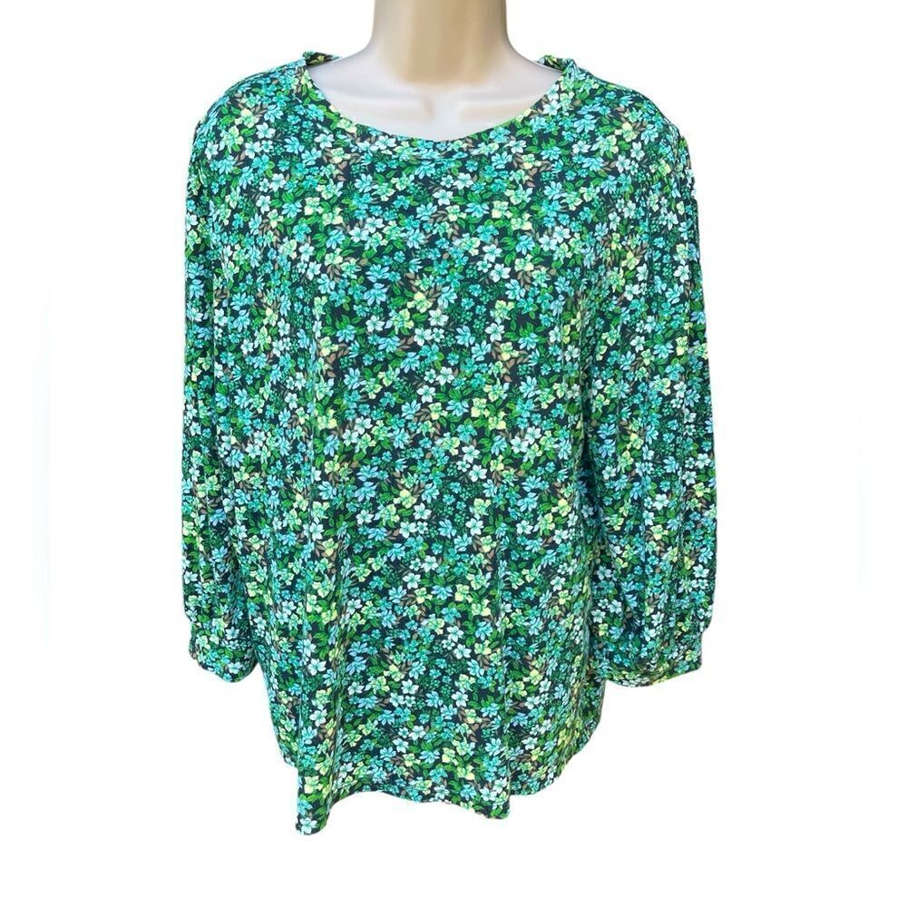 ANN TAYLOR factory green floral print Long sleeve stitch shoulder Doll sleeves